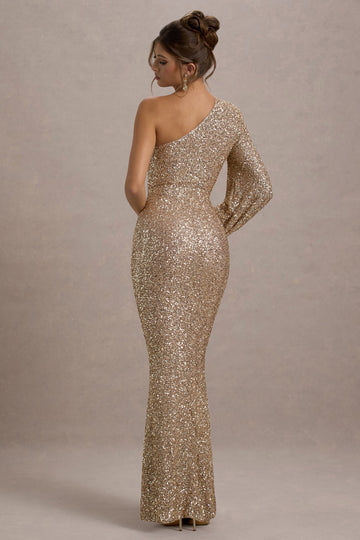 Aven Gold Sequin Asymmetric Puff-Sleeve Maxi Dress